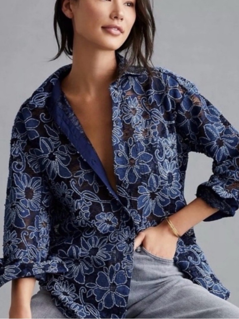 Pilcro Navy Floral-Pattern Statement Shirt/Jacket